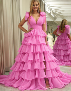 Hot Pink A Line V Neck Long Tiered Prom Dress