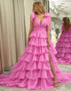 Hot Pink A Line V Neck Long Tiered Prom Dress