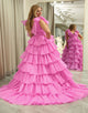 Hot Pink A Line V Neck Long Tiered Prom Dress