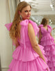 Hot Pink A Line V Neck Long Tiered Prom Dress