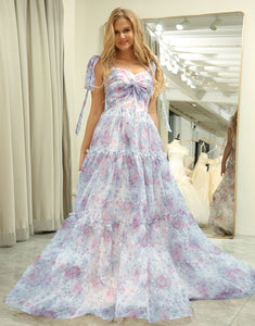 Floral Print A Line Off The Shoulder Long Tiered Prom Dress