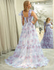 Floral Print A Line Off The Shoulder Long Tiered Prom Dress