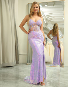 Sparkly Purple Mermaid Backless Long Prom Dress With Split