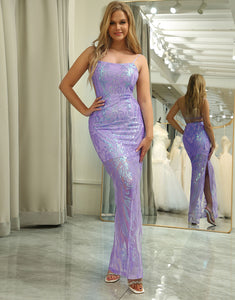 Sparkly Lilac Mermaid Backless Long Prom Dress With Appliques