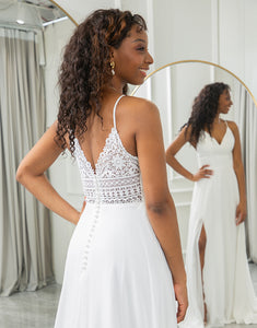 A-Line V-Neck Lace Backless Wedding Dress
