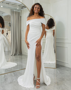 Ivory Off The Shoulder Draped Wedding Dress with Slit