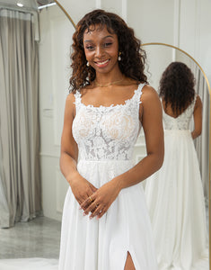 A Line Square Floor-Length Wedding Dress With Lace