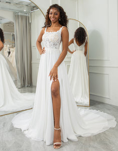 A Line Square Floor-Length Wedding Dress With Lace