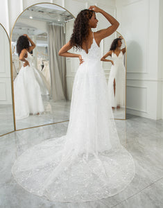 Ivory A Line V-Neck Lace Appliqued Wedding Dress