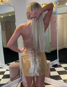 Golden Spaghetti Straps Tight Homecoming Dress