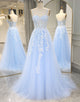 Sky Blue Long Corset Appliqued Prom Dress With Split