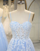 Sky Blue Long Corset Appliqued Prom Dress With Split