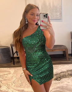 Glitter One Shoulder Beaded Tight Homecoming Dress