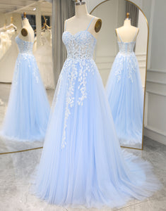 Sky Blue Long Corset Appliqued Prom Dress With Split