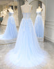 Sky Blue Long Corset Appliqued Prom Dress With Split
