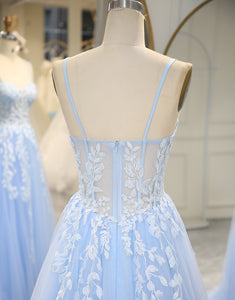 Sky Blue Long Corset Appliqued Prom Dress With Split