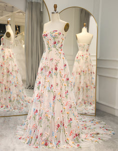 Ivory Flower Tulle Sweetheart Long Corset Prom Dress