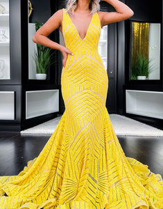 Deep V-neck Sequin Mermaid Long Prom Dress