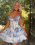 White Blue Floral Corset A Line Tiered Mini Homecoming Dress