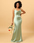 Sage Spaghetti Straps Sheath Satin Bridemaids Dress