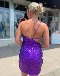 One Shoulder Purple Sequin Backless Homecoming Dress