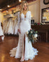 White Mermaid Boho Lace Wedding Dress with Long Sleeves