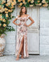 Flower Printed Off The Shoudler Blush Long Bridesmaid Dress with Slit