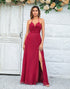 A Line Halter Burgundy Long Bridesmaid Dress with Split Front