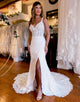 White V-Neck Lace Wedding Dress with Slit