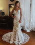 Champagne Boat Neck Mermaid Lace Wedding Dress