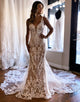 Champagne V-Neck Mermaid Long Lace Wedding Dress
