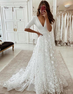 A-Line White Half Sleeves V Neck Wedding Dress with Appliques
