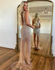 Golden Mermaid V Neck Sequins Long Prom Dress With Slit
