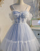 A Line Tulle Blue Off The Shoulder Cute Homecoming Dress with Pleated