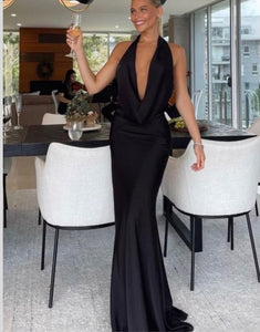 Elegant Halter Deep V-Neck Wedding Guest with Sleeveless