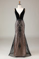 Mermaid Deep V-Neck Black Long Prom Dress with Backless