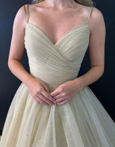 Glitter Champange A Line V Neck Tulle Long Prom Dress
