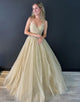 Glitter Champange A Line V Neck Tulle Long Prom Dress