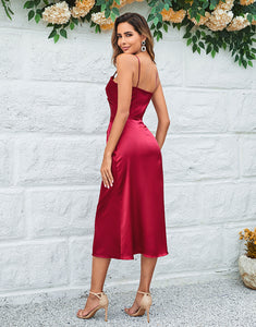 A Line Spaghetti Straps Burgundy Tea Length Bridesmaid Dress with Hollow Out