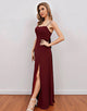 Burgundy Spaghetti Straps Long Bridesmaid Dress with Split