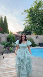 Light Blue A Line Off The Shoulder Long Tiered Long Prom Dress