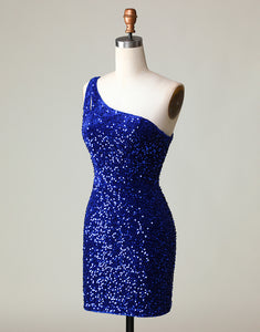 Sequins One Shoulder Royal Blue Tight Beading Short Homecoming Dress
