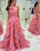 Pink Print A Line One Shoulder Tiered Long Prom Dress