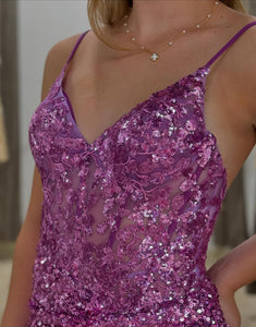 Fuchsia Spaghetti Sleeveless Homecoming Dress with Sequin