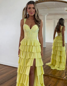 Yellow A Line Beaded Long Prom Dress with Slit