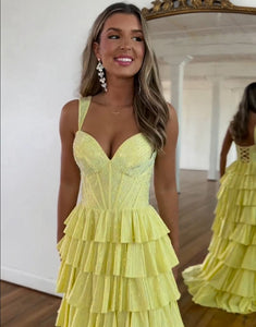 Yellow A Line Beaded Long Prom Dress with Slit