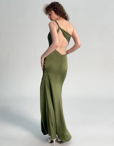 Elegant Olive Green One-Shoulder Pleated High-Slit Mermaid Maxi Dress - Perfect Bridesmaid Dress