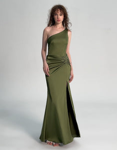 Elegant Olive Green One-Shoulder Pleated High-Slit Mermaid Maxi Dress - Perfect Bridesmaid Dress