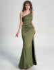 Elegant Olive Green One-Shoulder Pleated High-Slit Mermaid Maxi Dress - Perfect Bridesmaid Dress