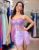 Chic Lace-Up Waist Strapless Shiny Lilac Mini Hoco Dress with Side Slit